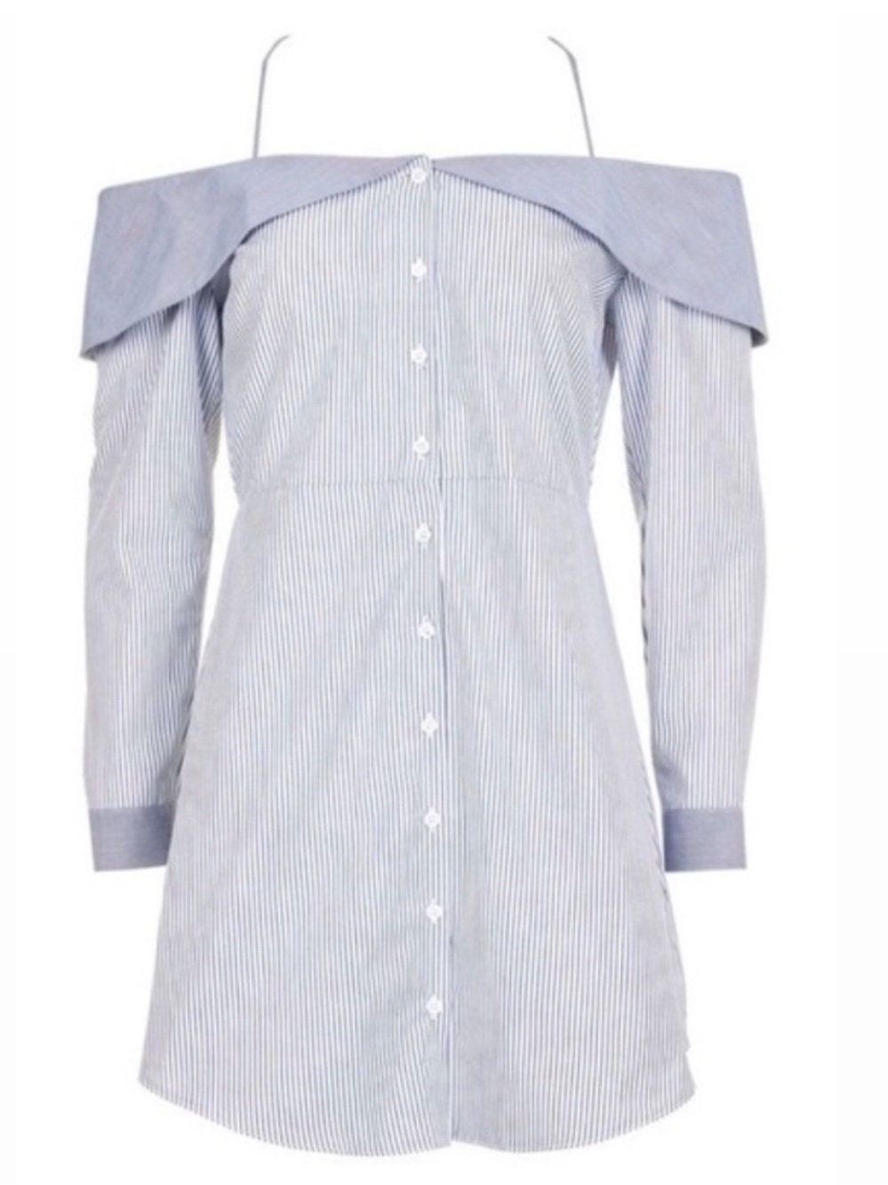 Topshop Light Blue and White Striped Off-Shoulder Long Sleeve Mini Dress 6